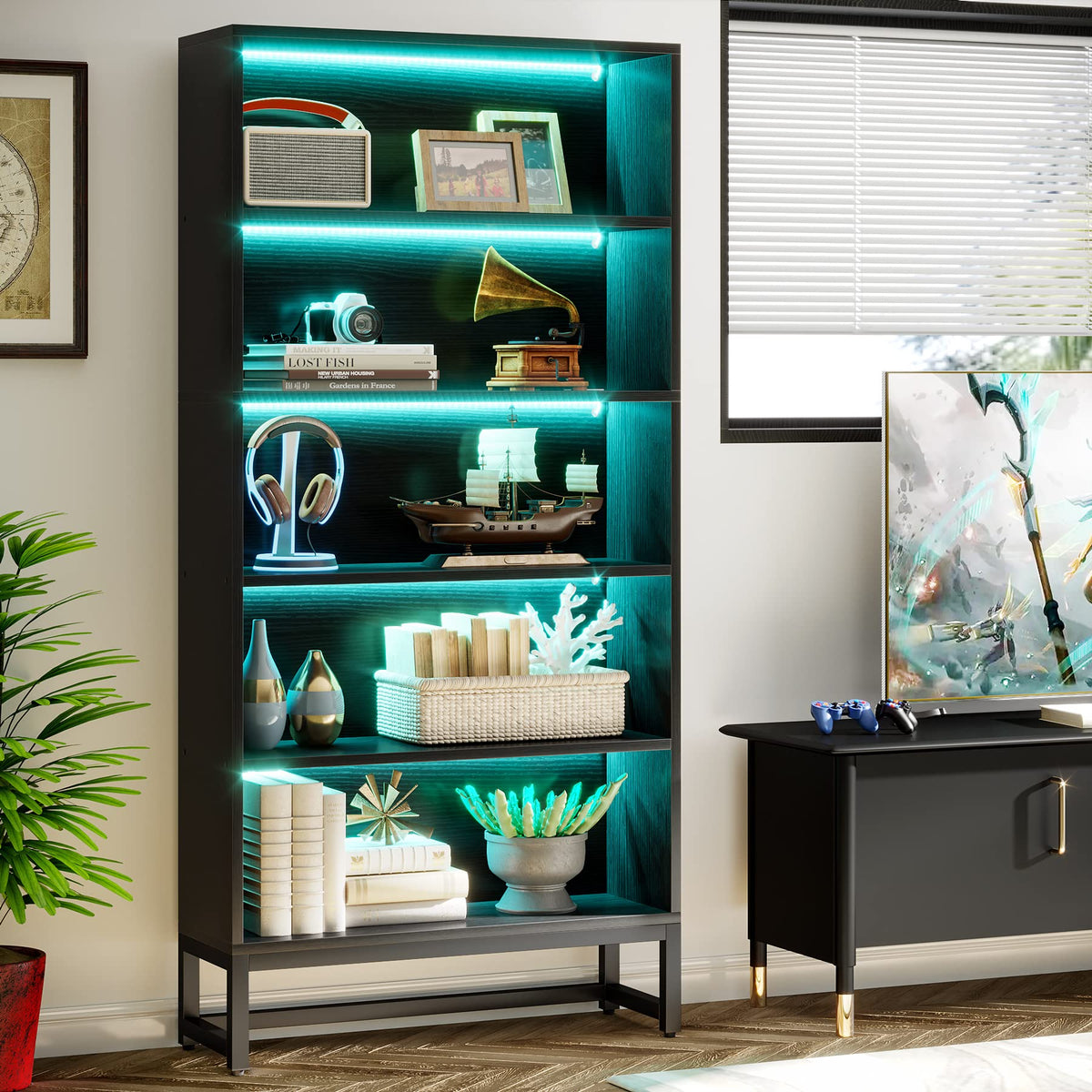 Black 70.8” 5-Tier Bookcase with LED Lights X2333