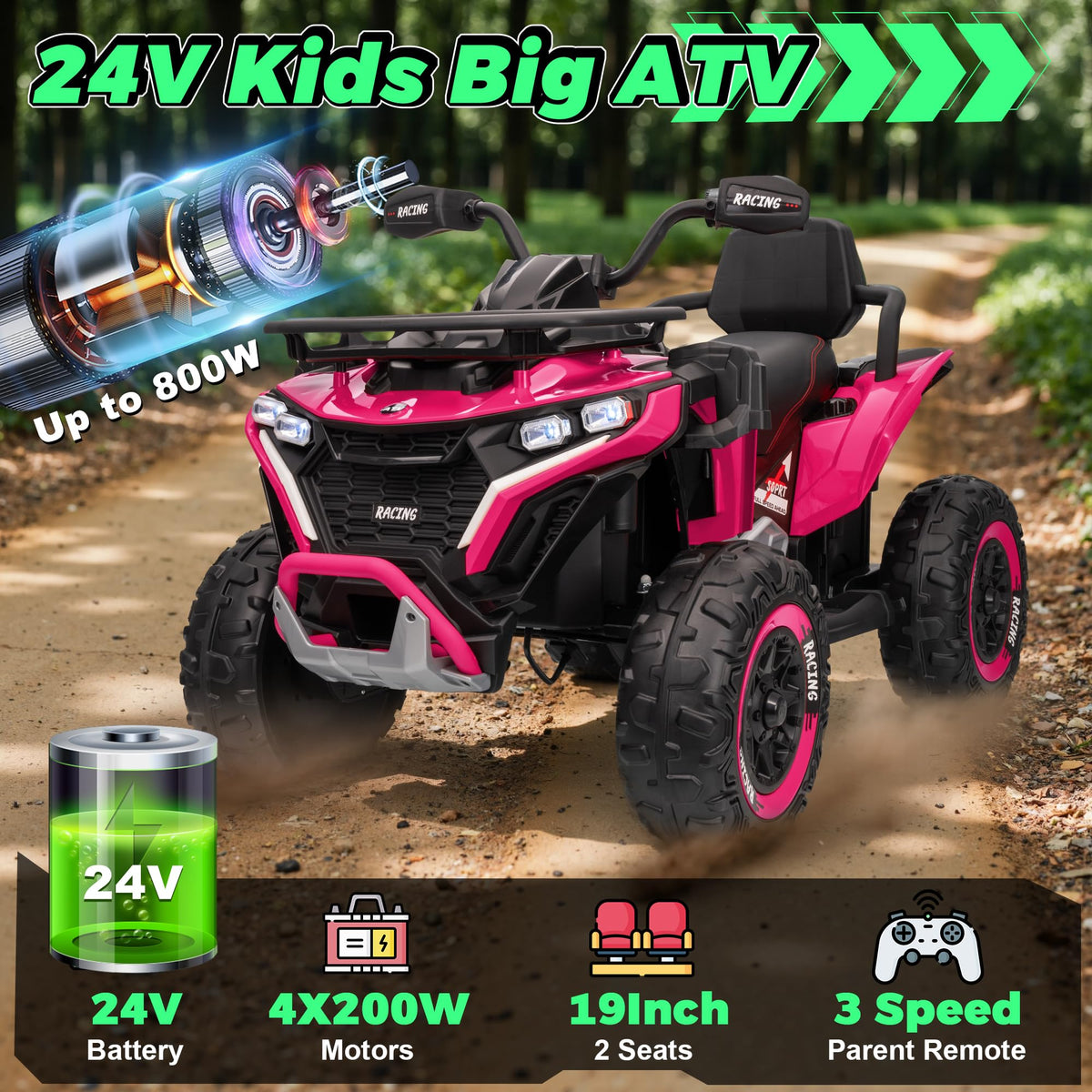24V Kids ATV Four Wheeler with EVA Tires, 2 Seater, 800W Motors, Remote Control, Pink B419679