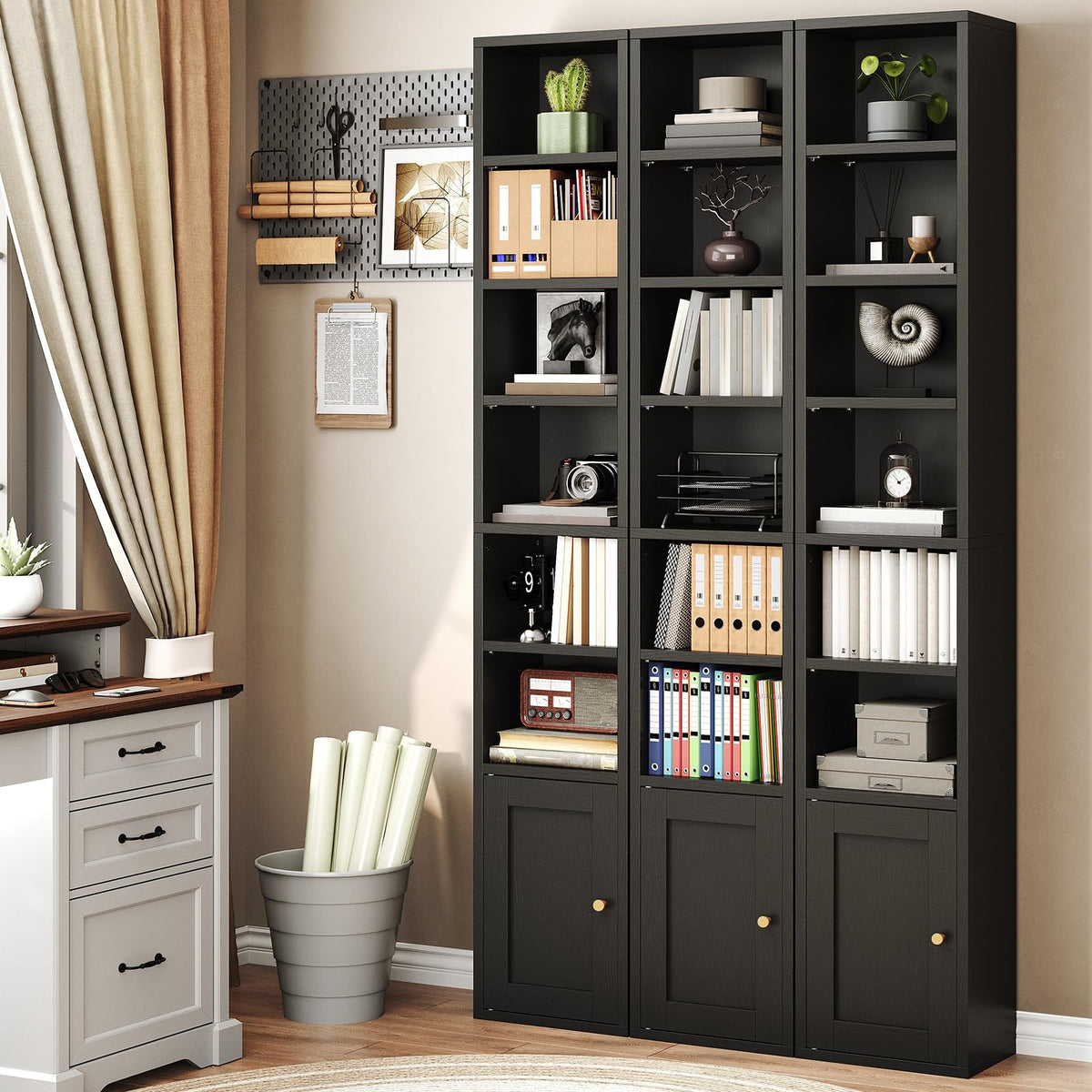 7-Tier Narrow Bookshelf with Door and Storage Cabinet, Black K959182