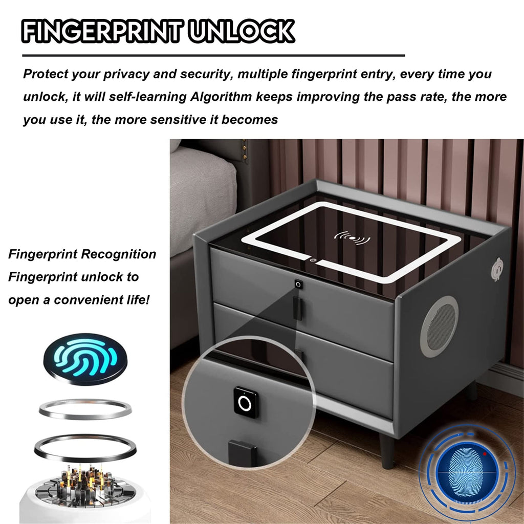 White Nightstand with Wireless Charging Station and Fingerprint Lock Drawer F32303