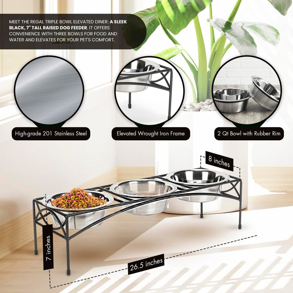 Black Triple Bowl Dog and Cat Feeder Stand with 3-2 Qt Stainless Bowls R4809