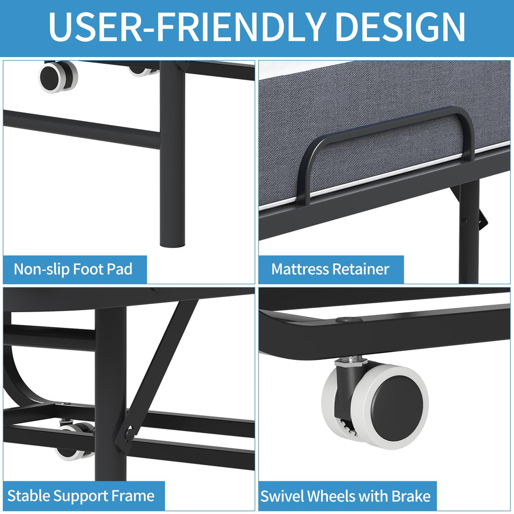 Folding Bed with Mattress, Twin Size Metal Bed Frame with Wheels L452994