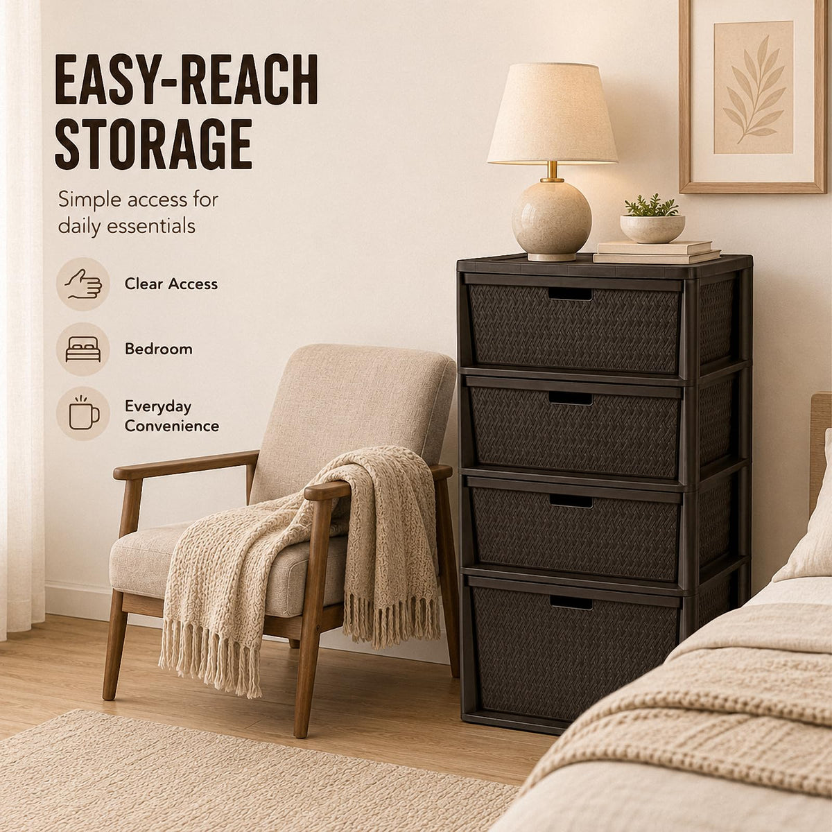 Brown 4-Drawer Plastic Storage Tower F323