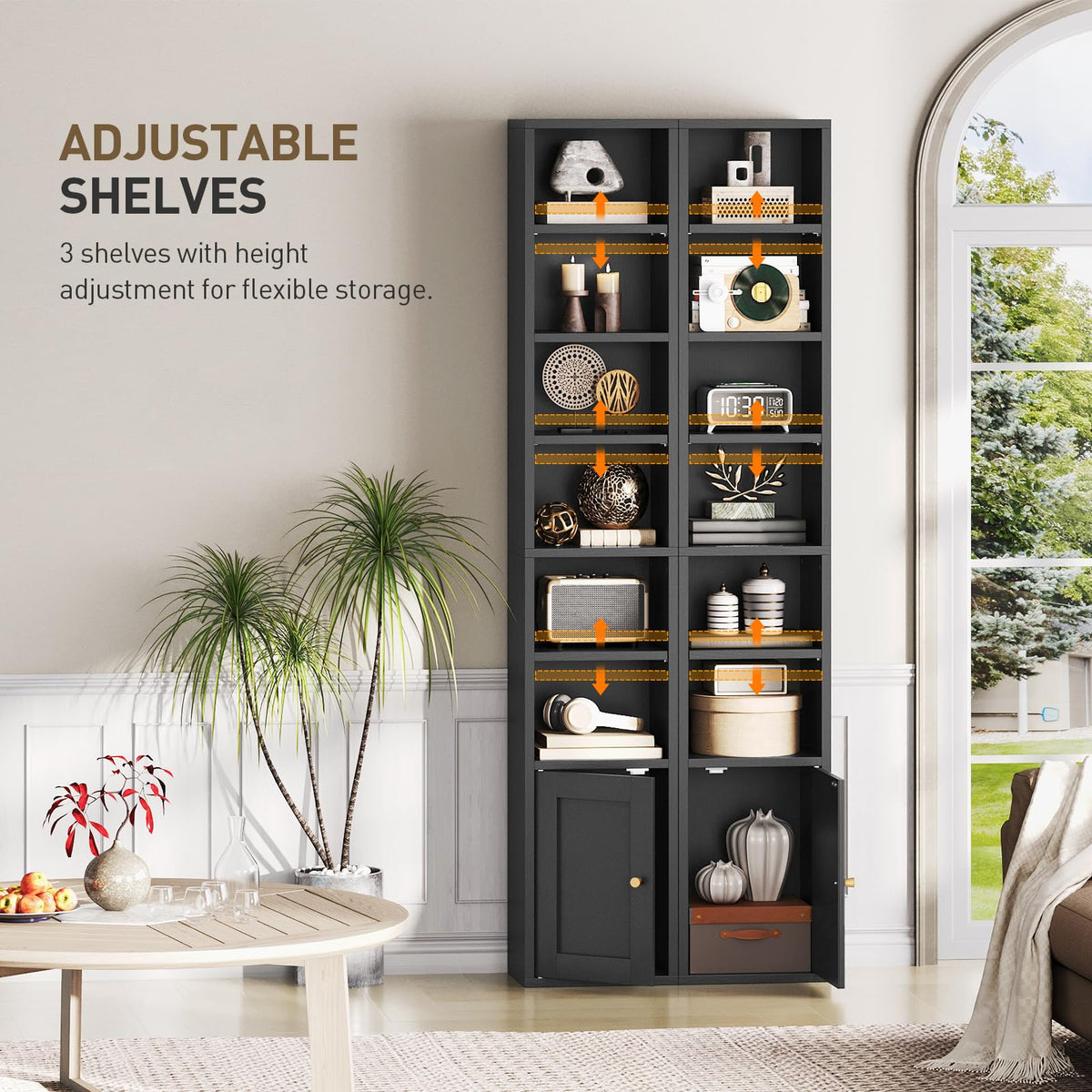 7-Tier Narrow Bookshelf with Door and Storage Cabinet, Black K959182