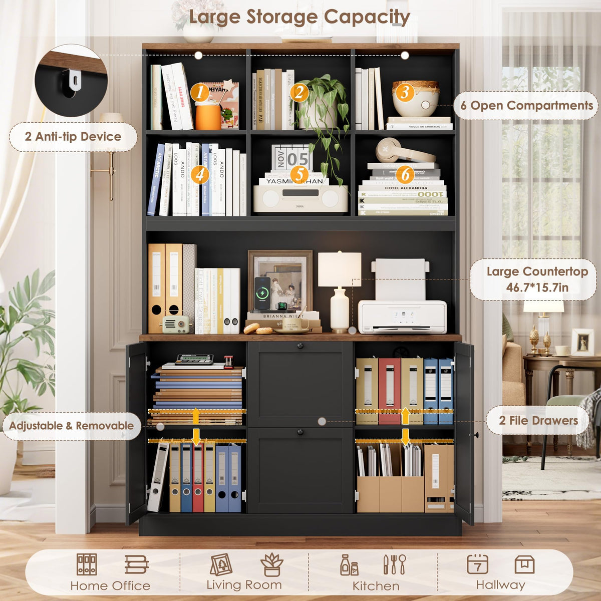 72'' Tall File Bookcase with Power Outlet & 2 Filing Drawers V324