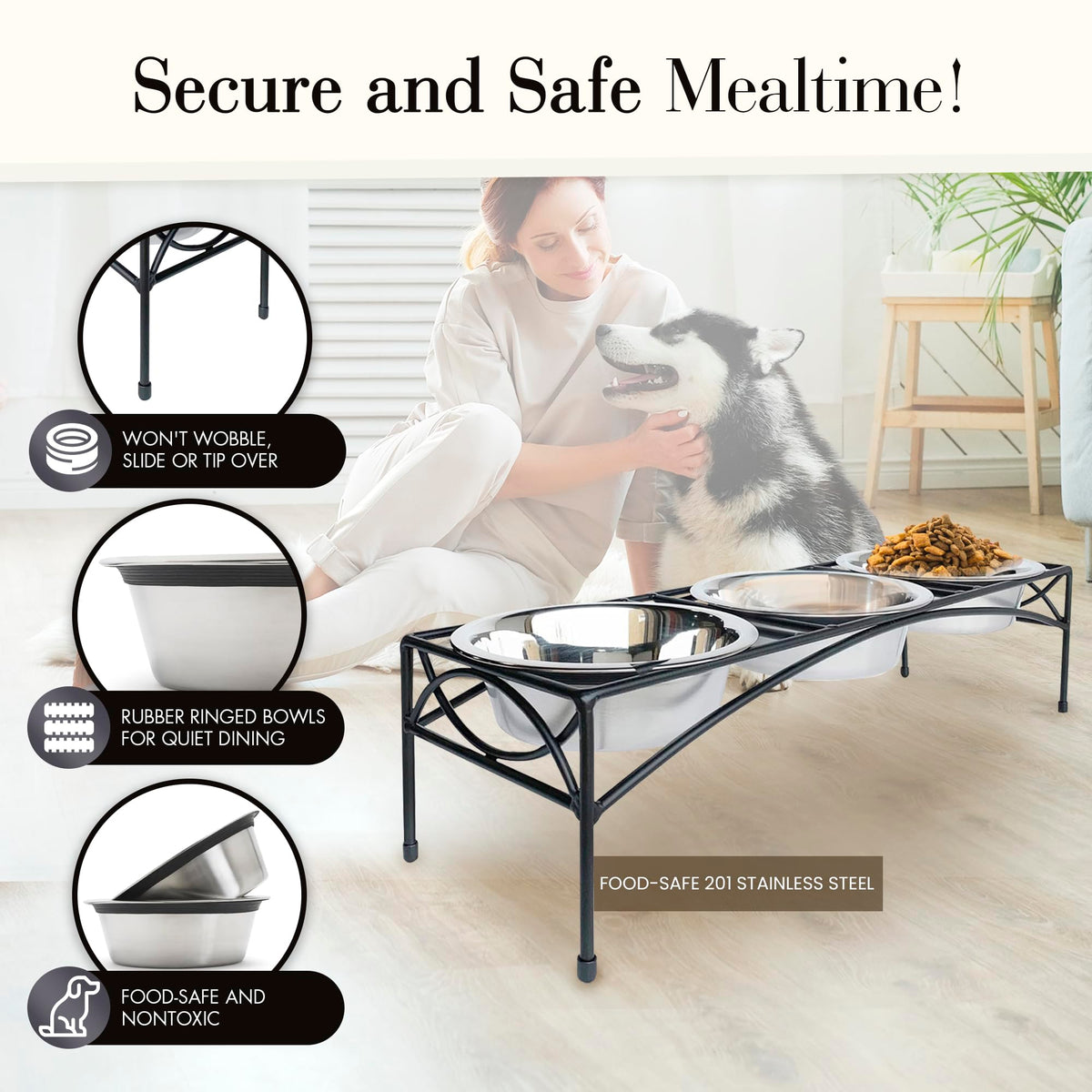 Black Triple Bowl Dog and Cat Feeder Stand with 3-2 Qt Stainless Bowls R4809