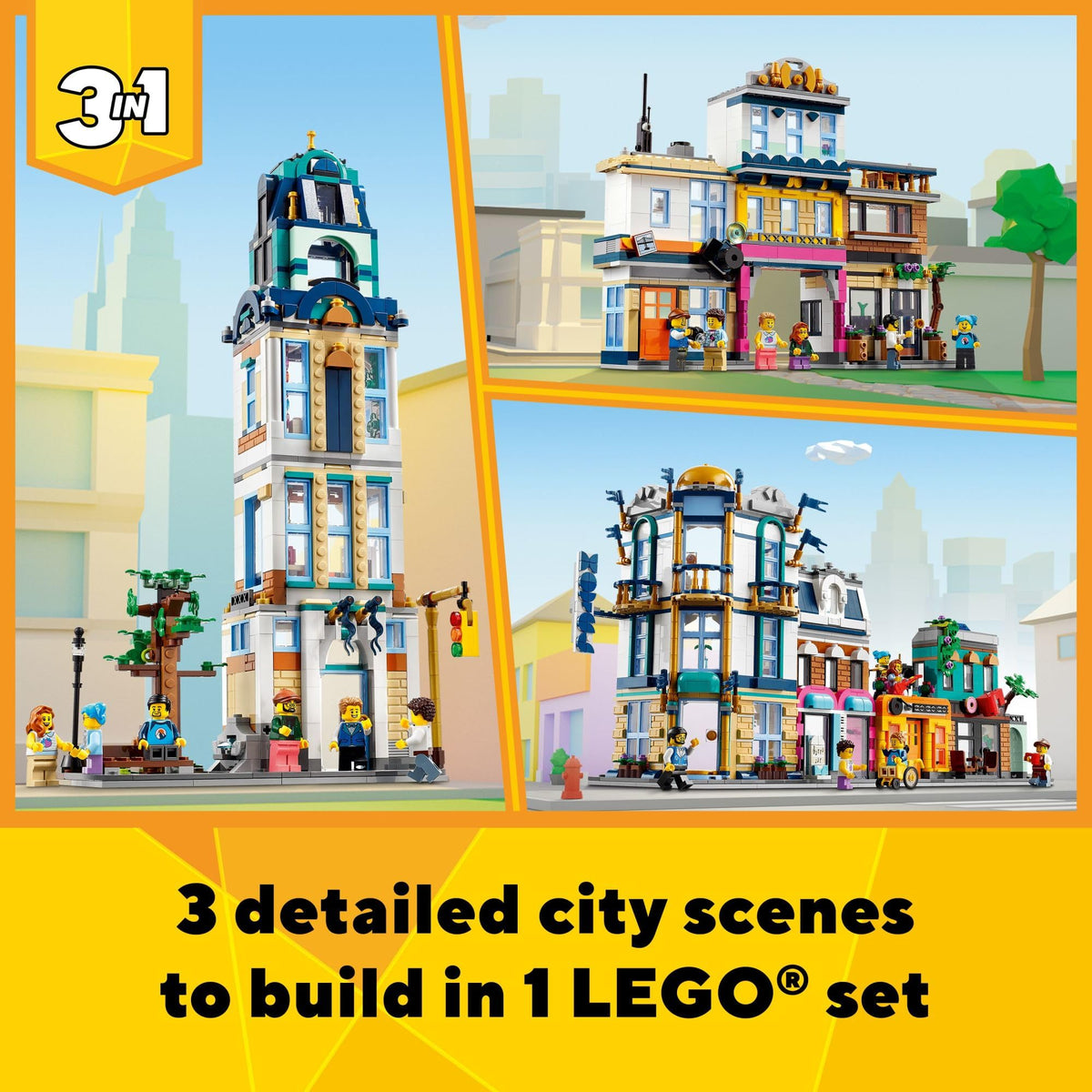 Building Toy Set, 3 in 1 City Art Deco Building, Market Street Hotel, Café Music Store and 6 Minifigures E77243