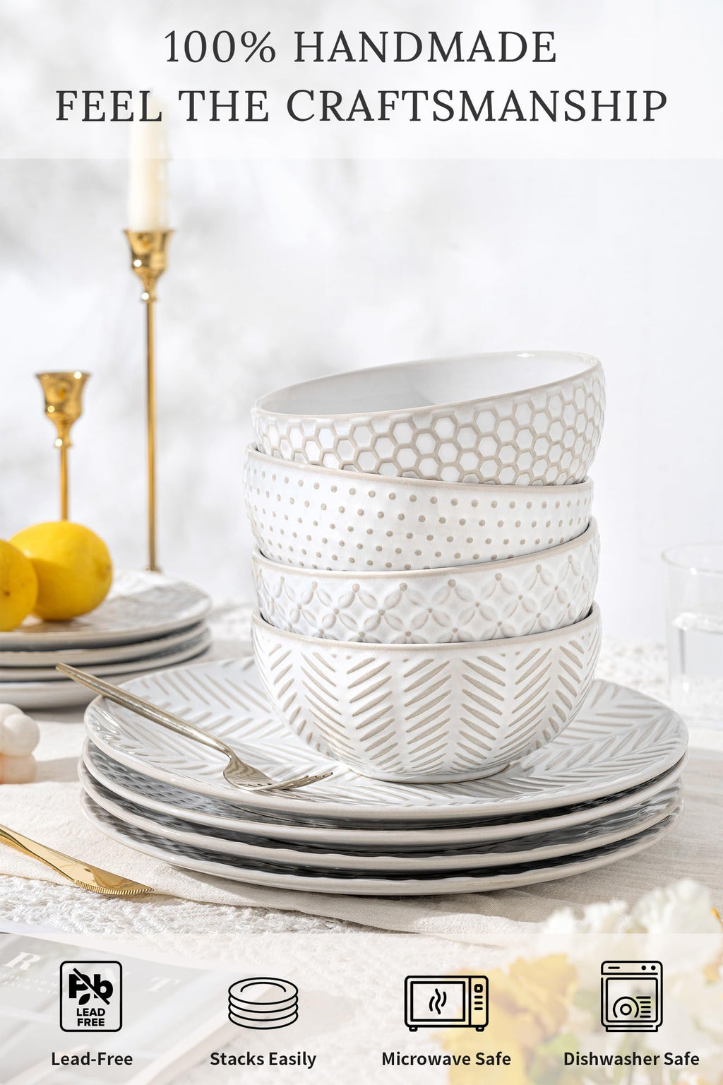 12 Piece Embossed Stoneware Dinnerware Sets for 4 N961082