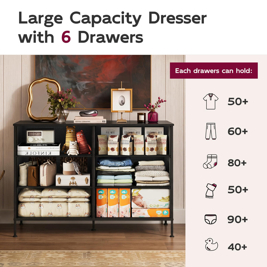 Black 6 Drawer Fabric Dresser D82049