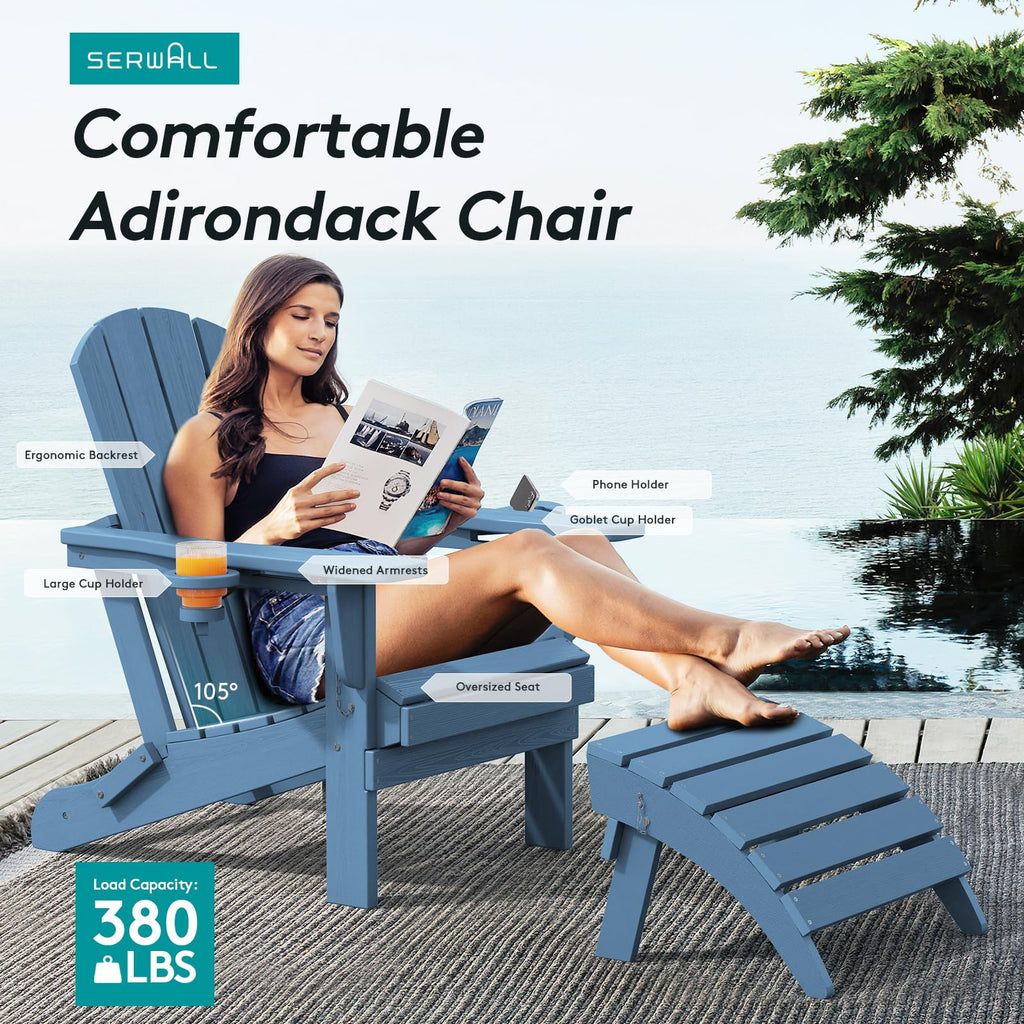 Blue Foldable Adirondack Chair Set of 2 with Cup Holders Q700