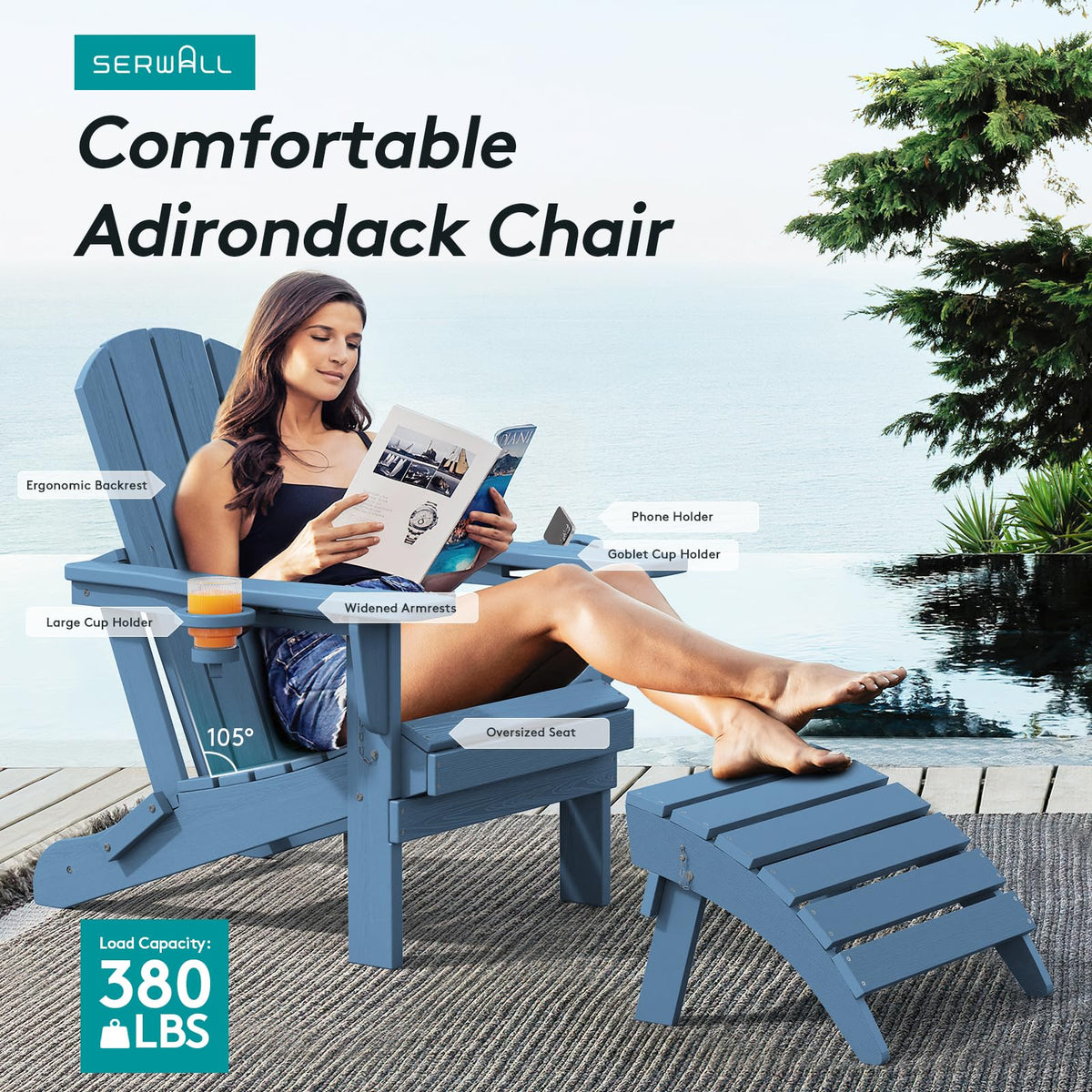 Blue Foldable Adirondack Chair Set of 2 with Cup Holders Q700