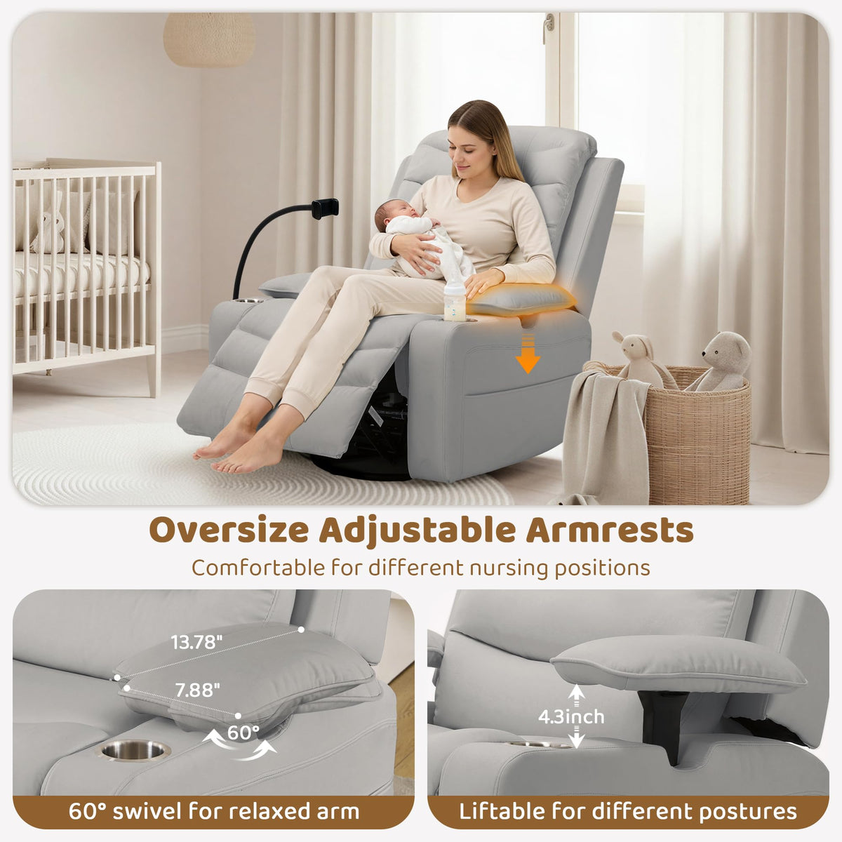 Grey Swivel Rocking Recliner L336