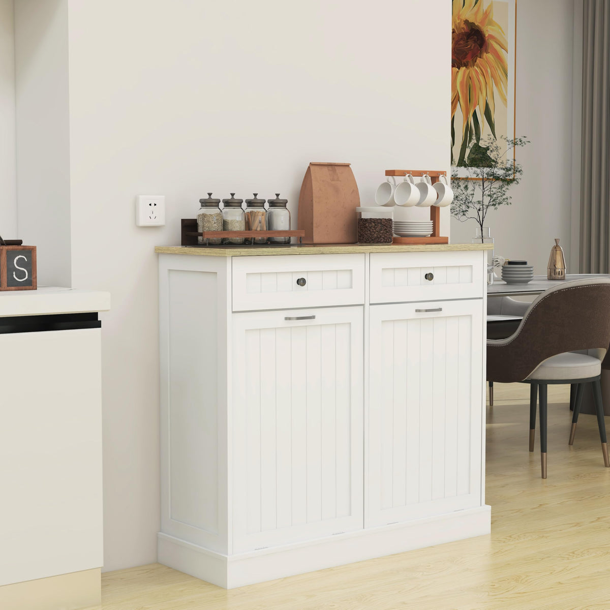 White 2x10 Gallon Solid Wood Trash Cabinet U96719