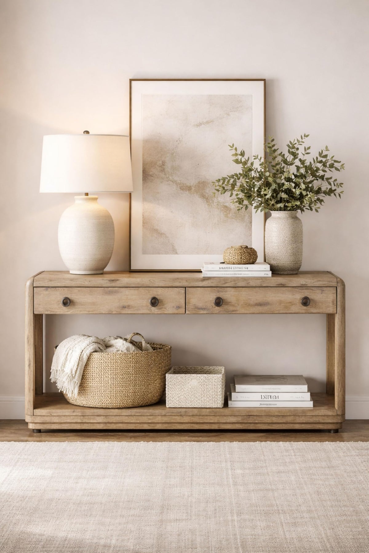 English Knotty Oak Console Table, Solid Wood and Engineered Wood Veneer, Two Self-Closing Drawers, Open Lower Shelf, Rounded Edges, 72 x 16 x 32.25 Inchs, Oak Finish S603510