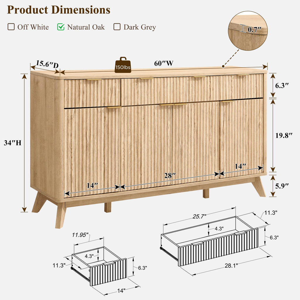60" Natural Oak Storage Sideboard Cabinet with Drawers O40737