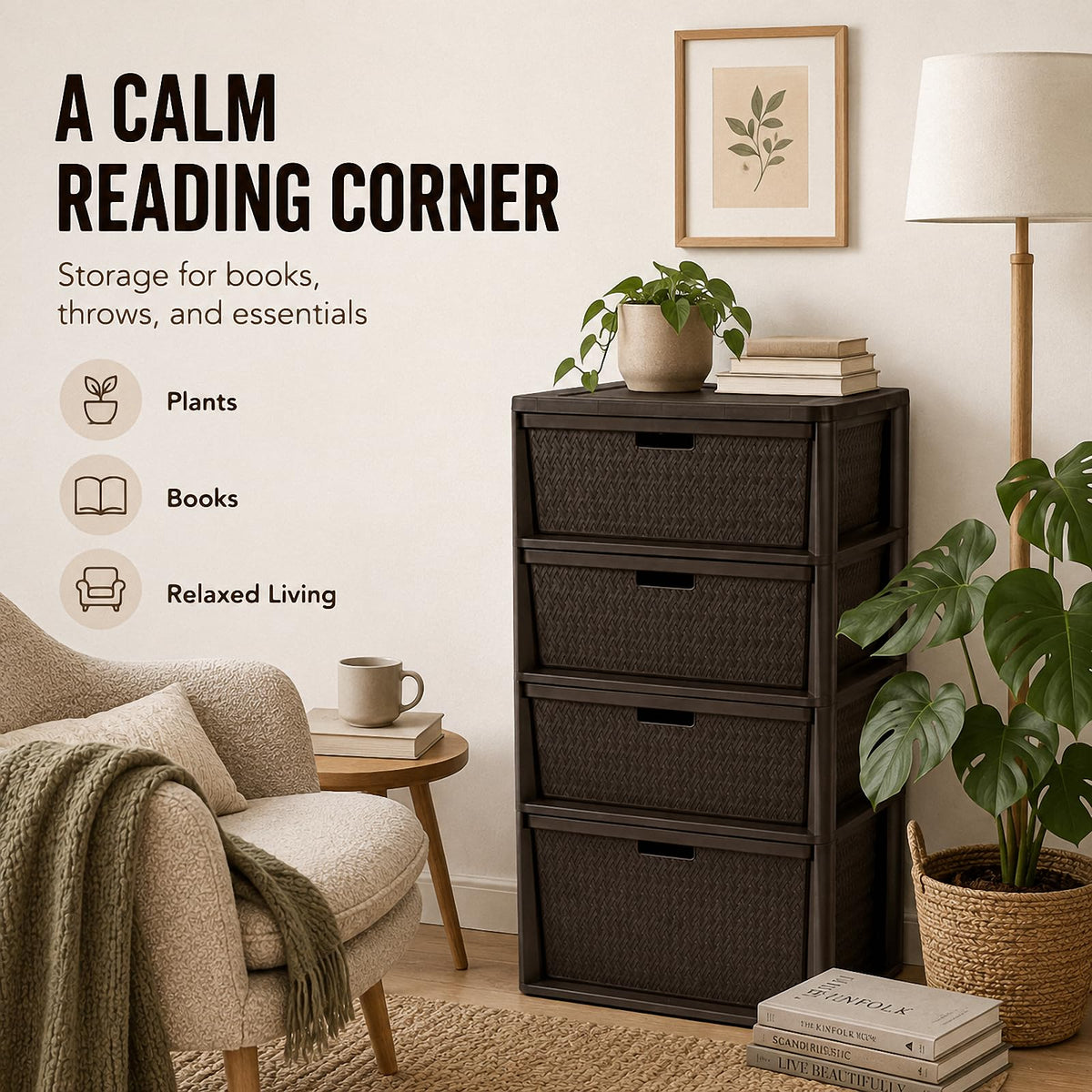 Brown 4-Drawer Plastic Storage Tower F323