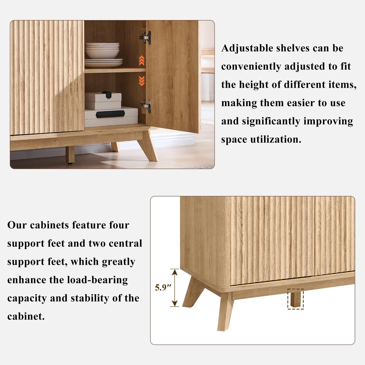 60" Natural Oak Storage Sideboard Cabinet with Drawers O40737