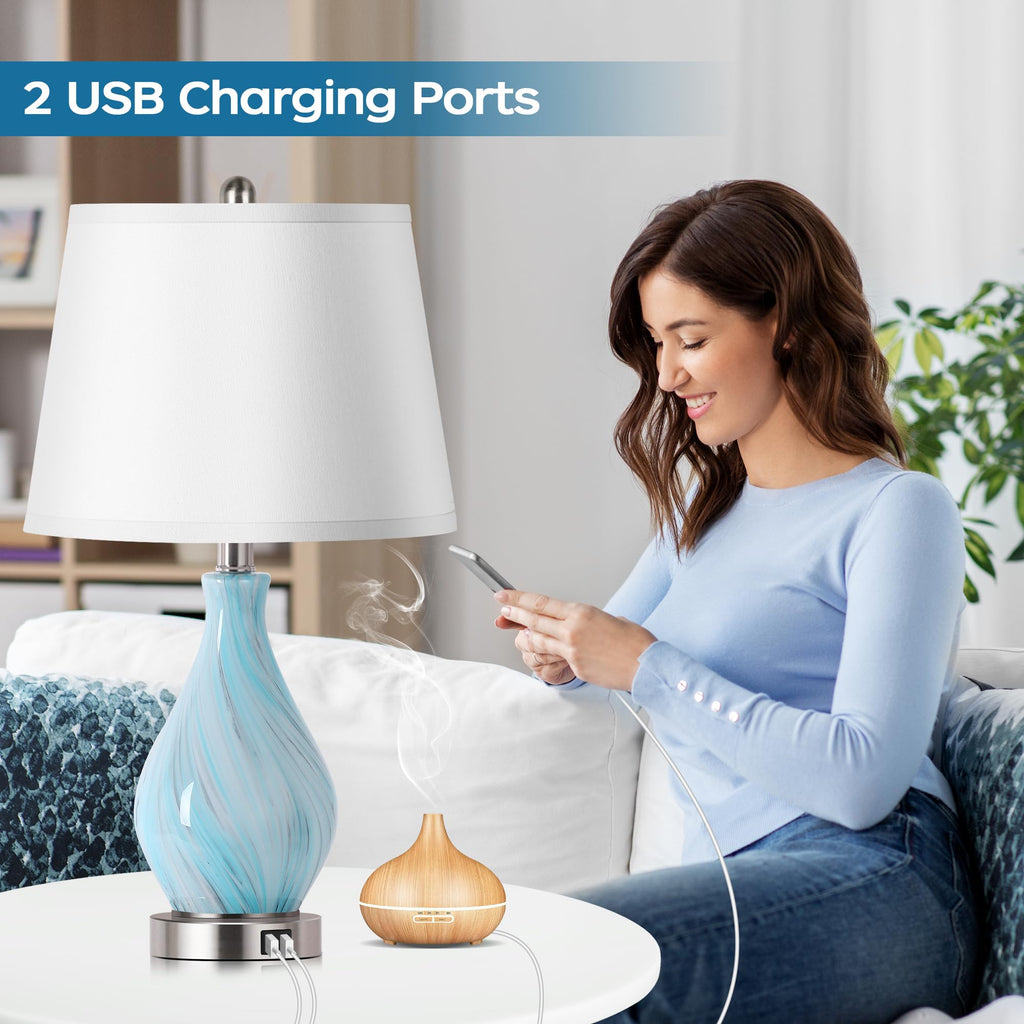 Set of 2 Touch Control Art Glass Table Lamp with USB Ports M83754