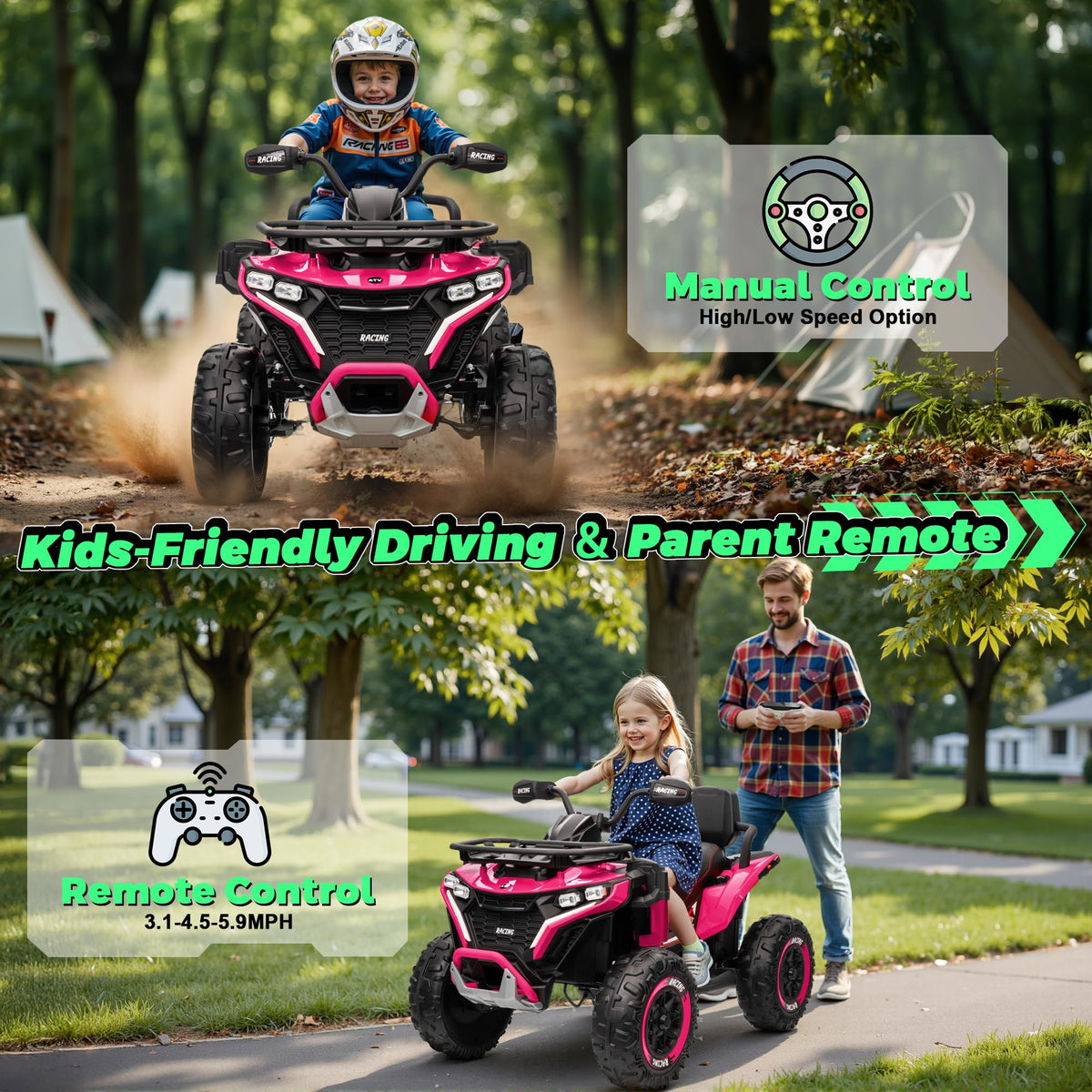 24V Kids ATV Four Wheeler with EVA Tires, 2 Seater, 800W Motors, Remote Control, Pink B419679