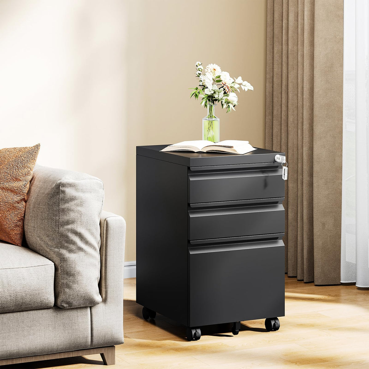 Black 3 Drawer Metal File Cabinet with Lock J880