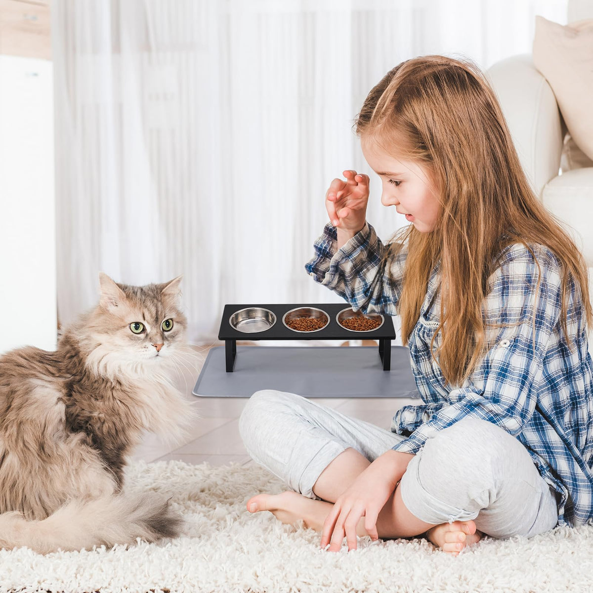 15° Tilted Stainless Steel Elevated Cat Bowls with Food Mat K18030