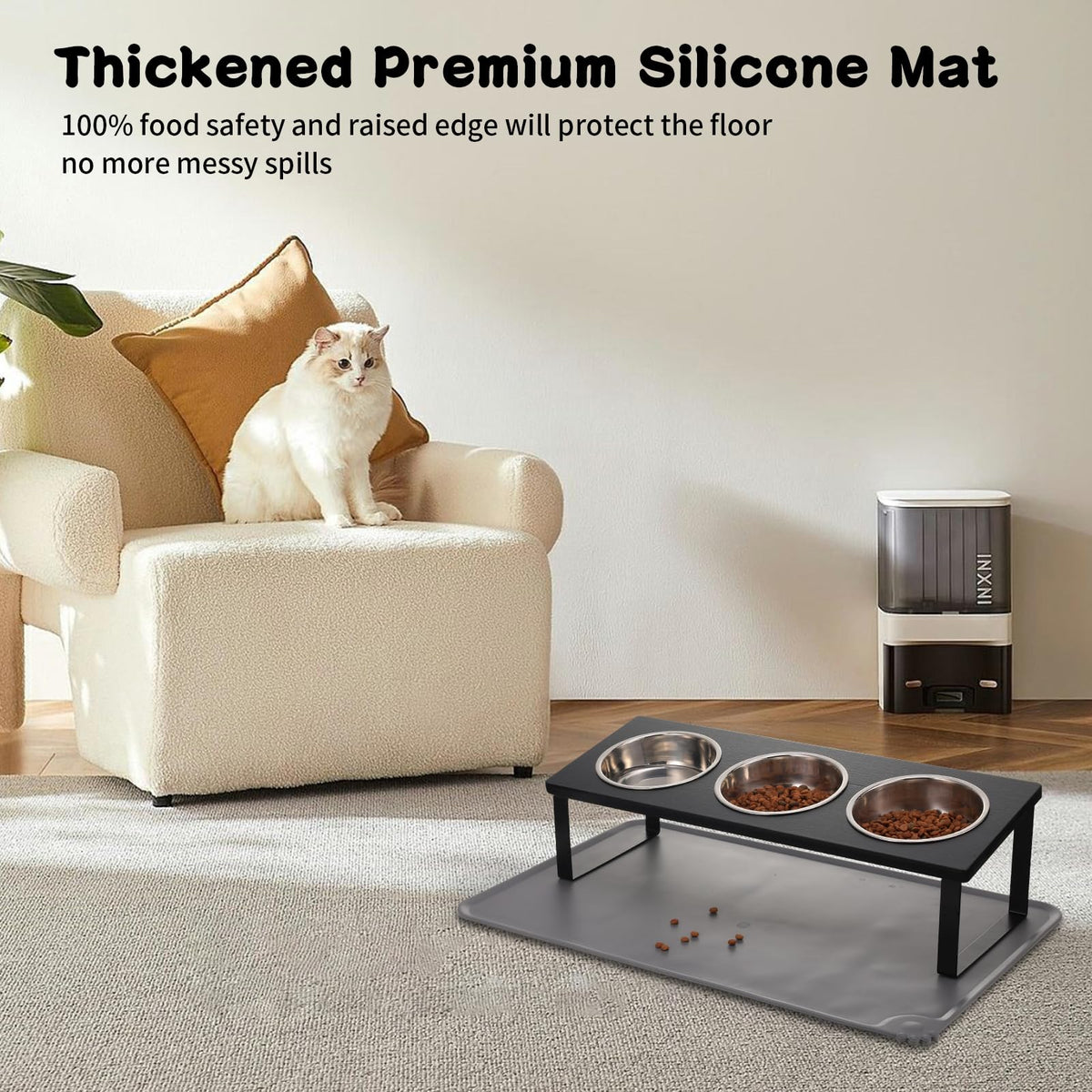 15° Tilted Stainless Steel Elevated Cat Bowls with Food Mat K18030