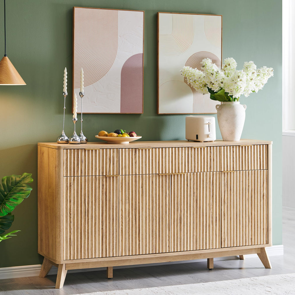 60" Natural Oak Storage Sideboard Cabinet with Drawers O40737