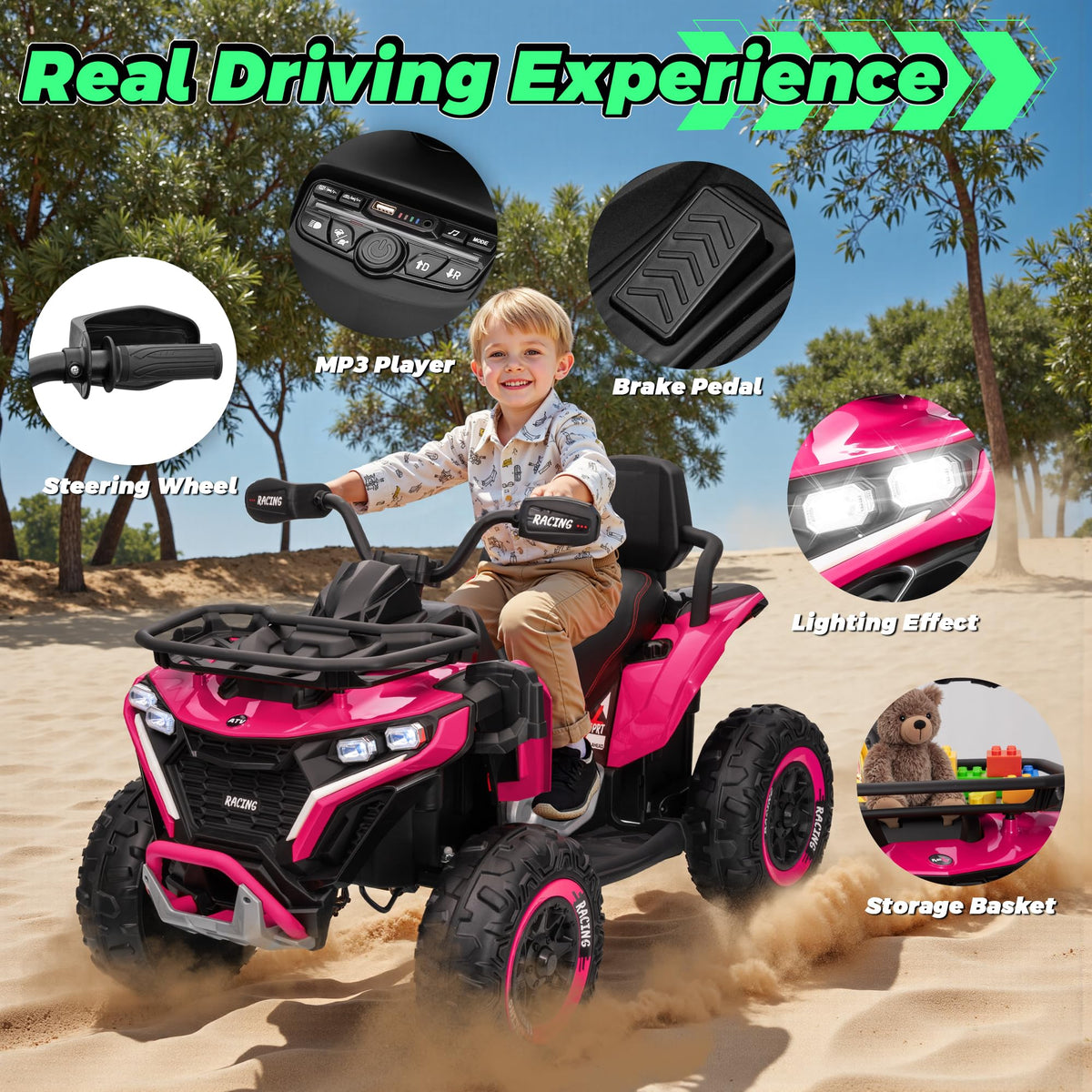 24V Kids ATV Four Wheeler with EVA Tires, 2 Seater, 800W Motors, Remote Control, Pink B419679