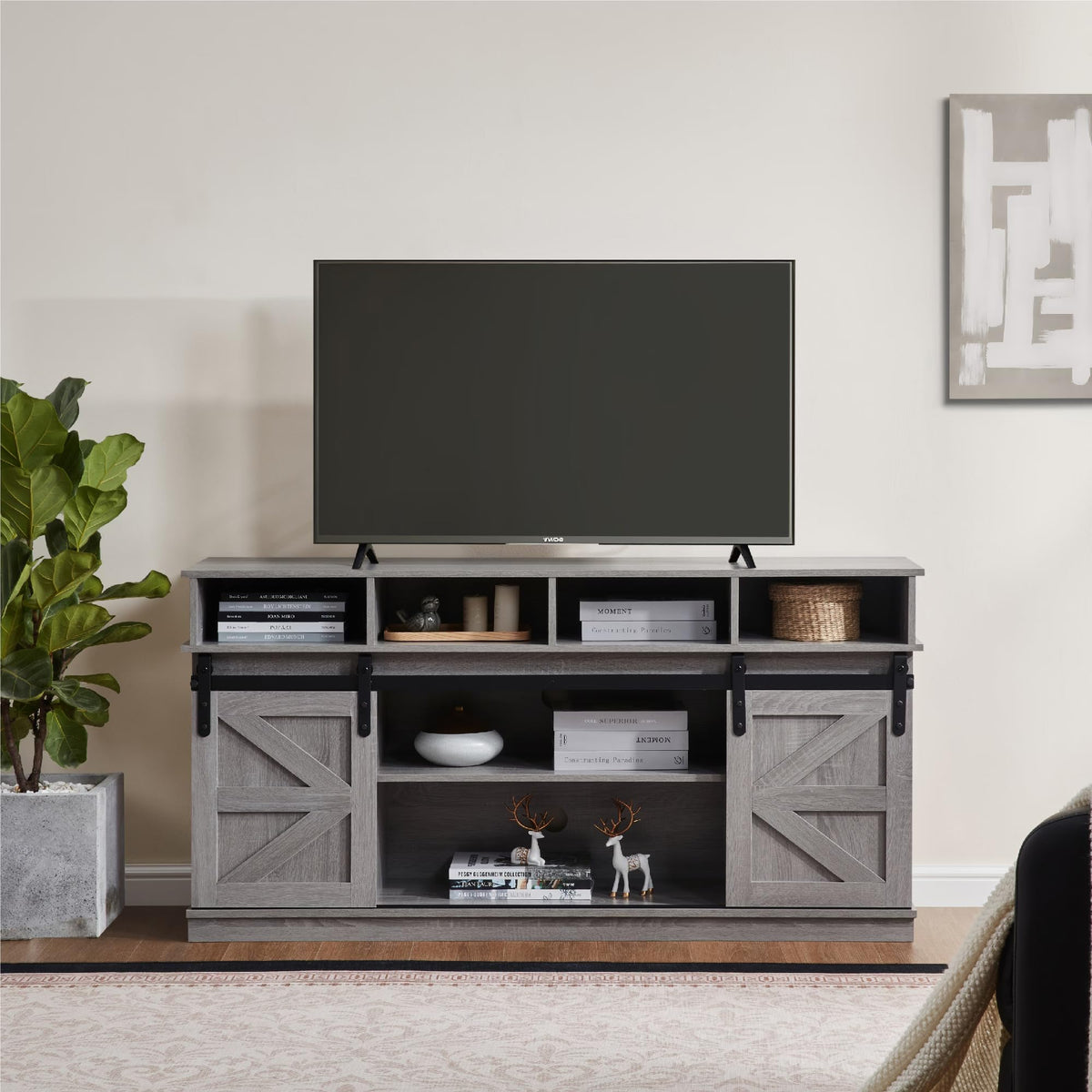 65" Grey Farmhouse TV Stand with Sliding Doors Z5597