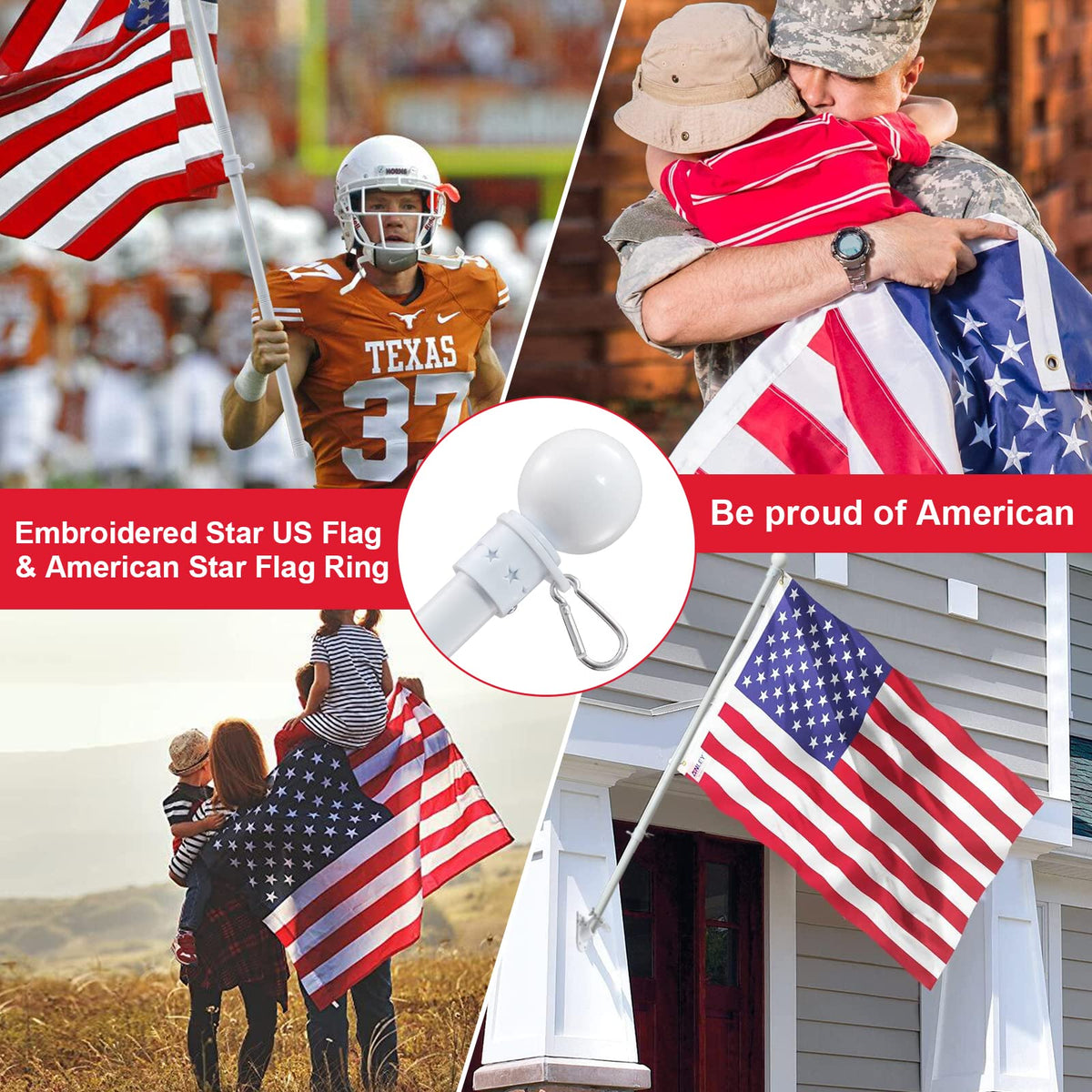 5ft Tangle Free Metal House Flag Pole with 3x5 Embroidered US Flag F366