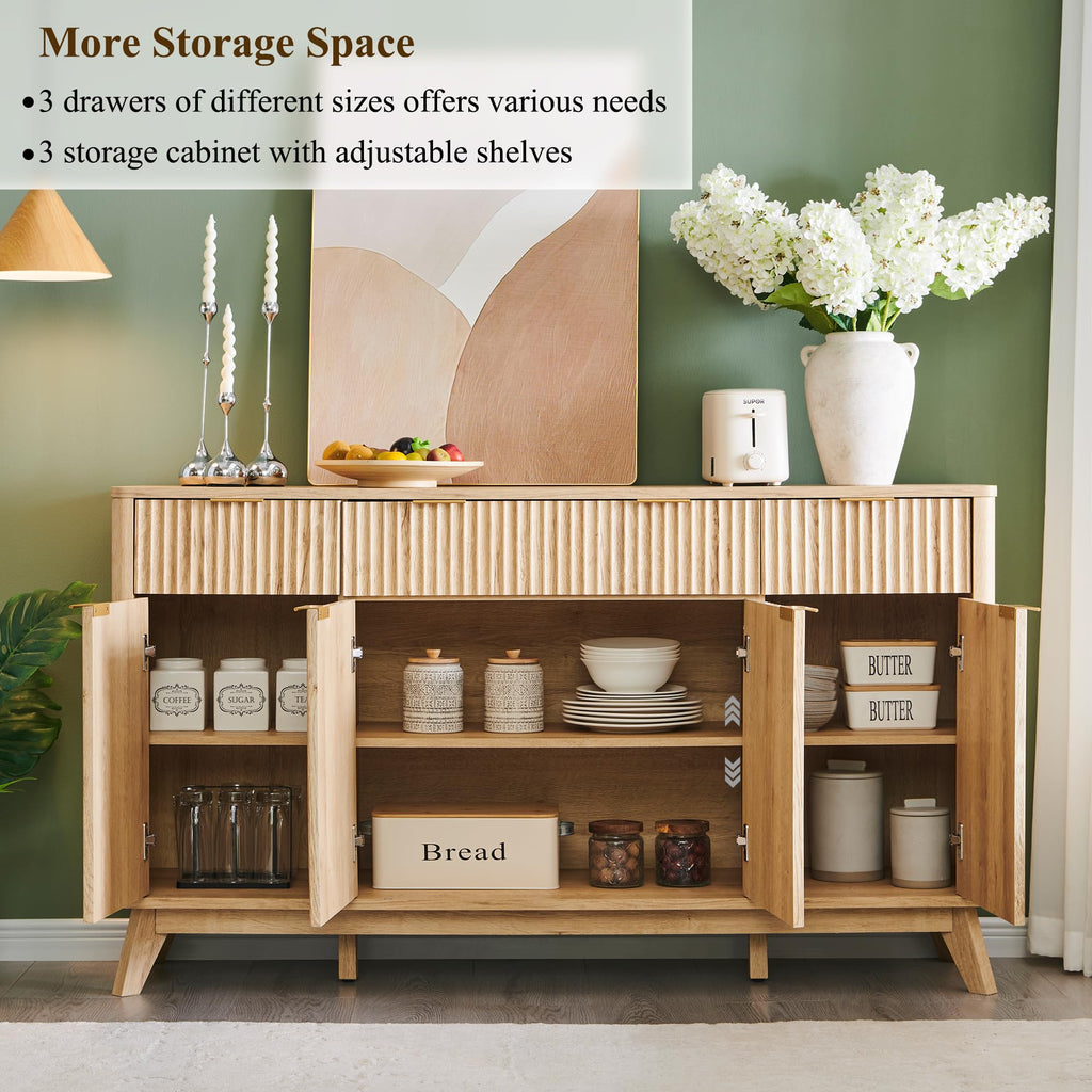60" Natural Oak Storage Sideboard Cabinet with Drawers O40737
