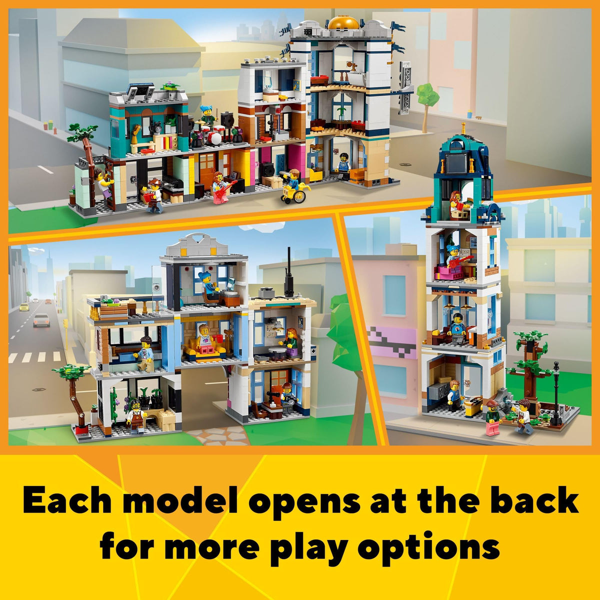 Building Toy Set, 3 in 1 City Art Deco Building, Market Street Hotel, Café Music Store and 6 Minifigures E77243