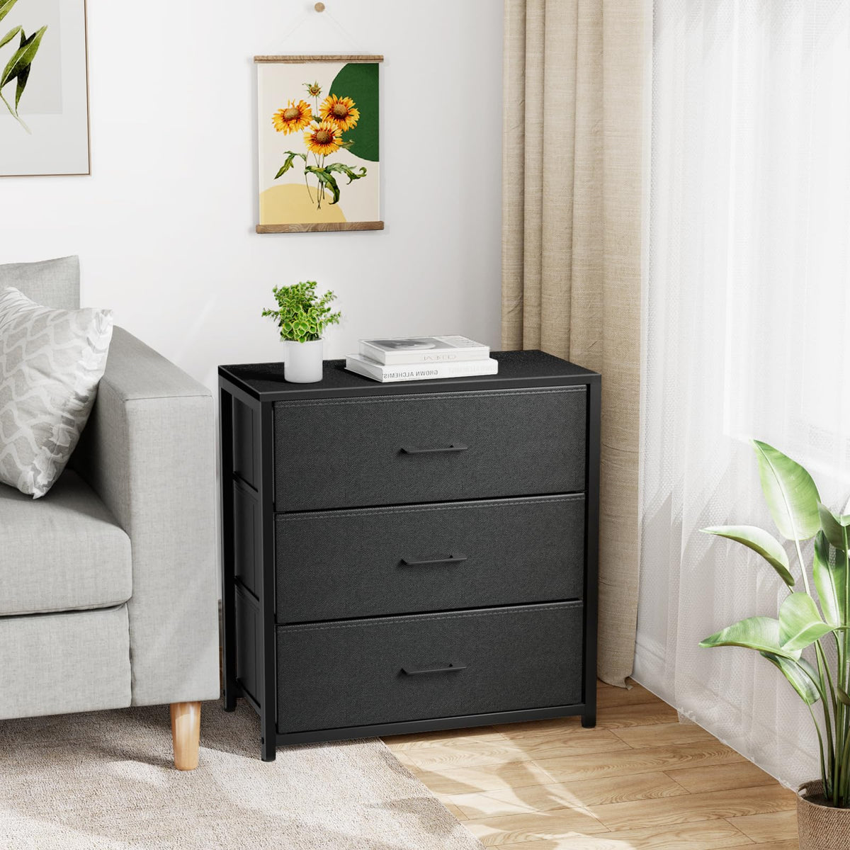 Black 3 Fabric Drawer Nightstand B358961