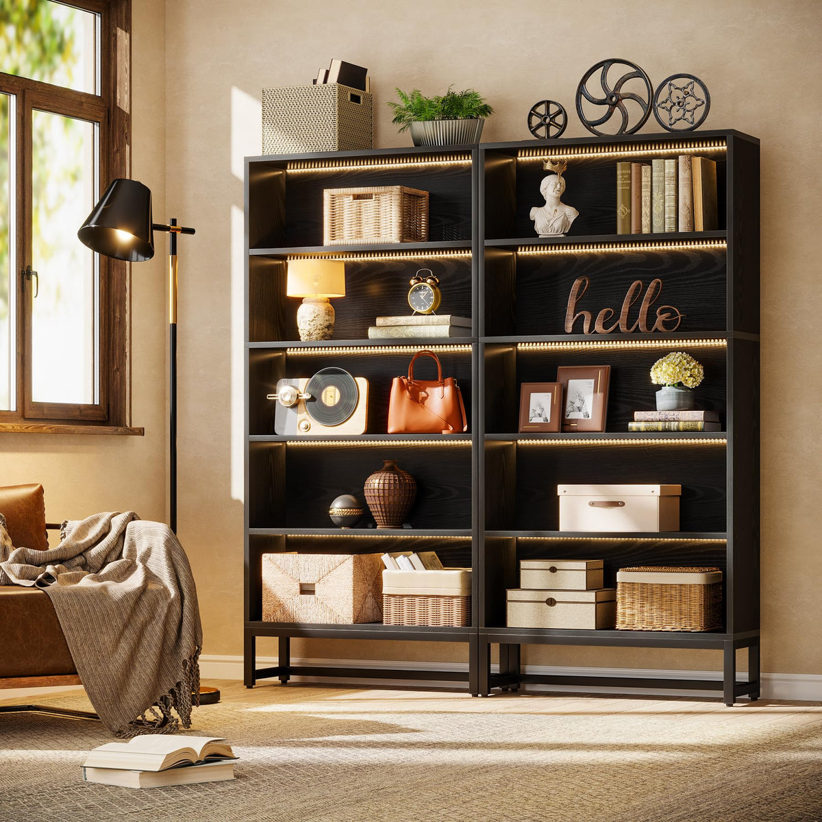 Black 70.8” 5-Tier Bookcase with LED Lights X2333