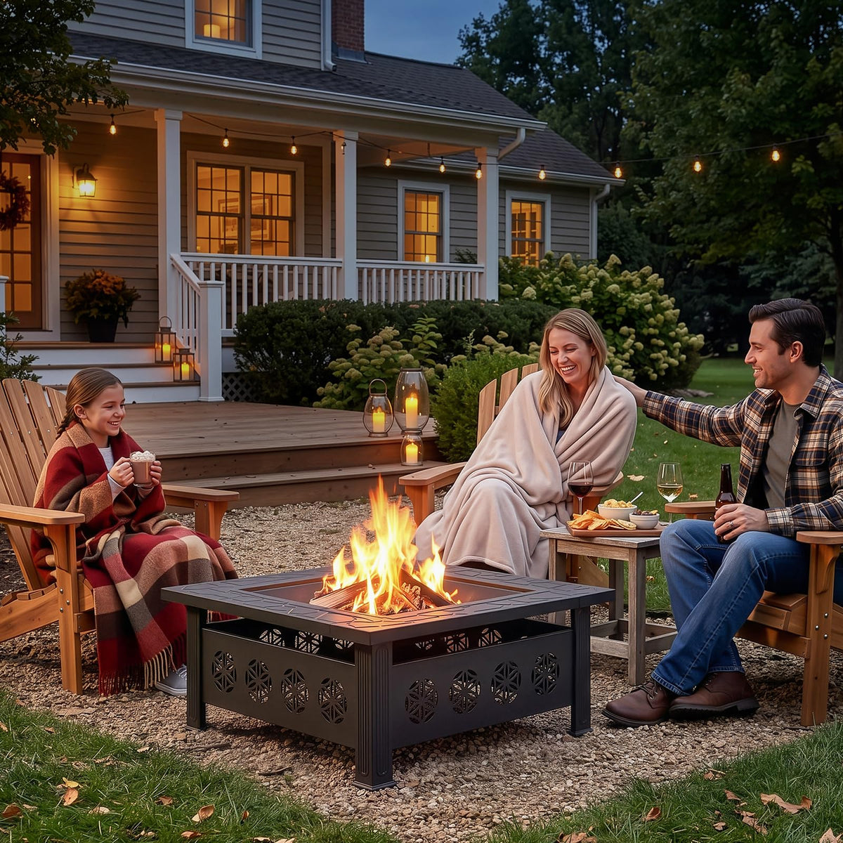 32 Inch Square Wood Burning Fire Pit Table with Spark Screen Lid and Fire Poker, Black J8070