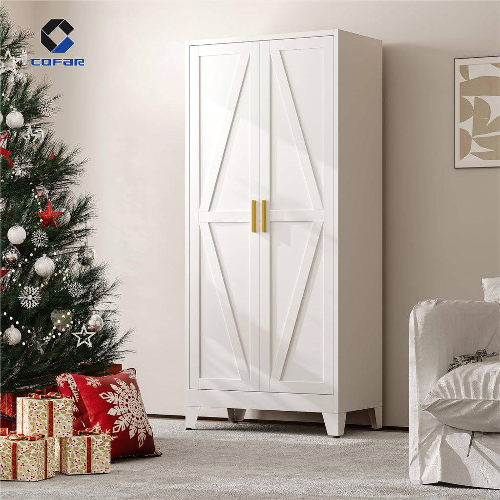 Metal Wardrobe Closet with Doors, 71'' Tall Steel Armoire with Shelves C77152