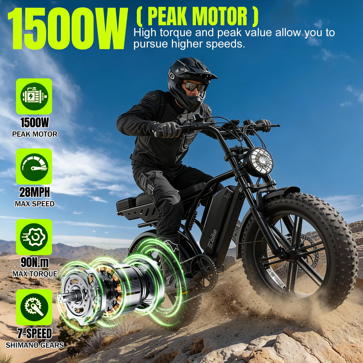 Electric Bike 48V 15Ah Battery 1500W Peak Motor 20 * 4.0 Fat Tire V766