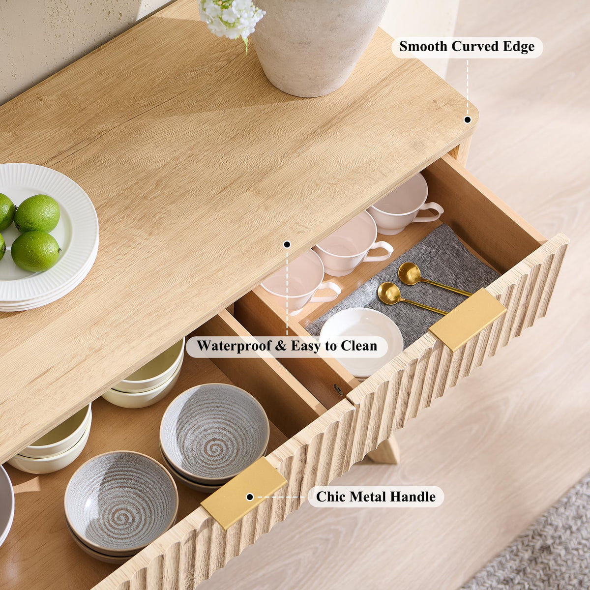 60" Natural Oak Storage Sideboard Cabinet with Drawers O40737
