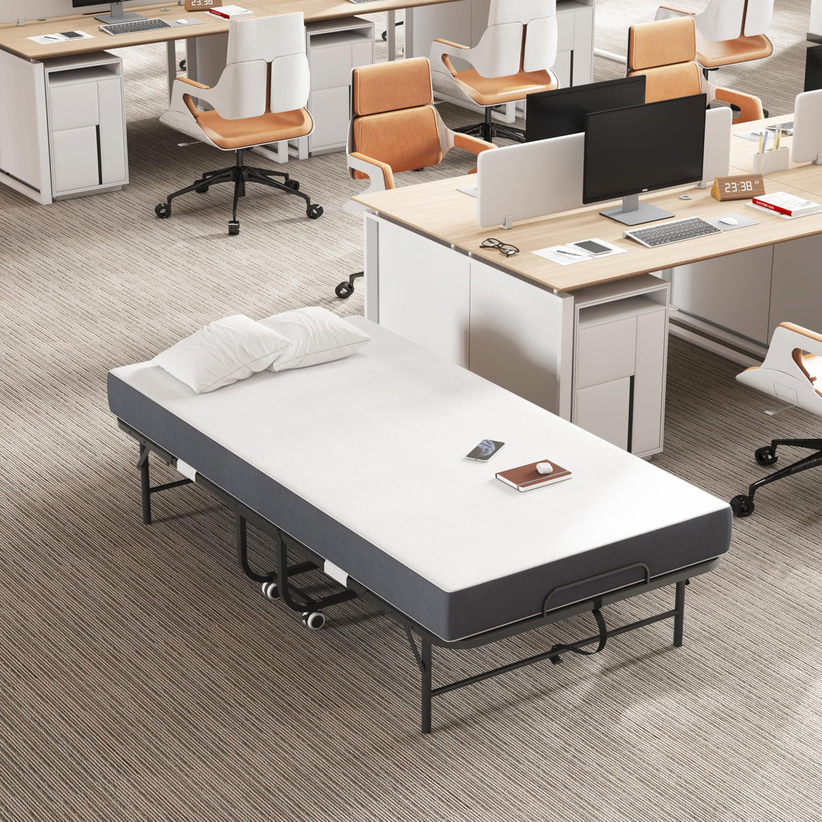 Folding Bed with Mattress, Twin Size Metal Bed Frame with Wheels L452994