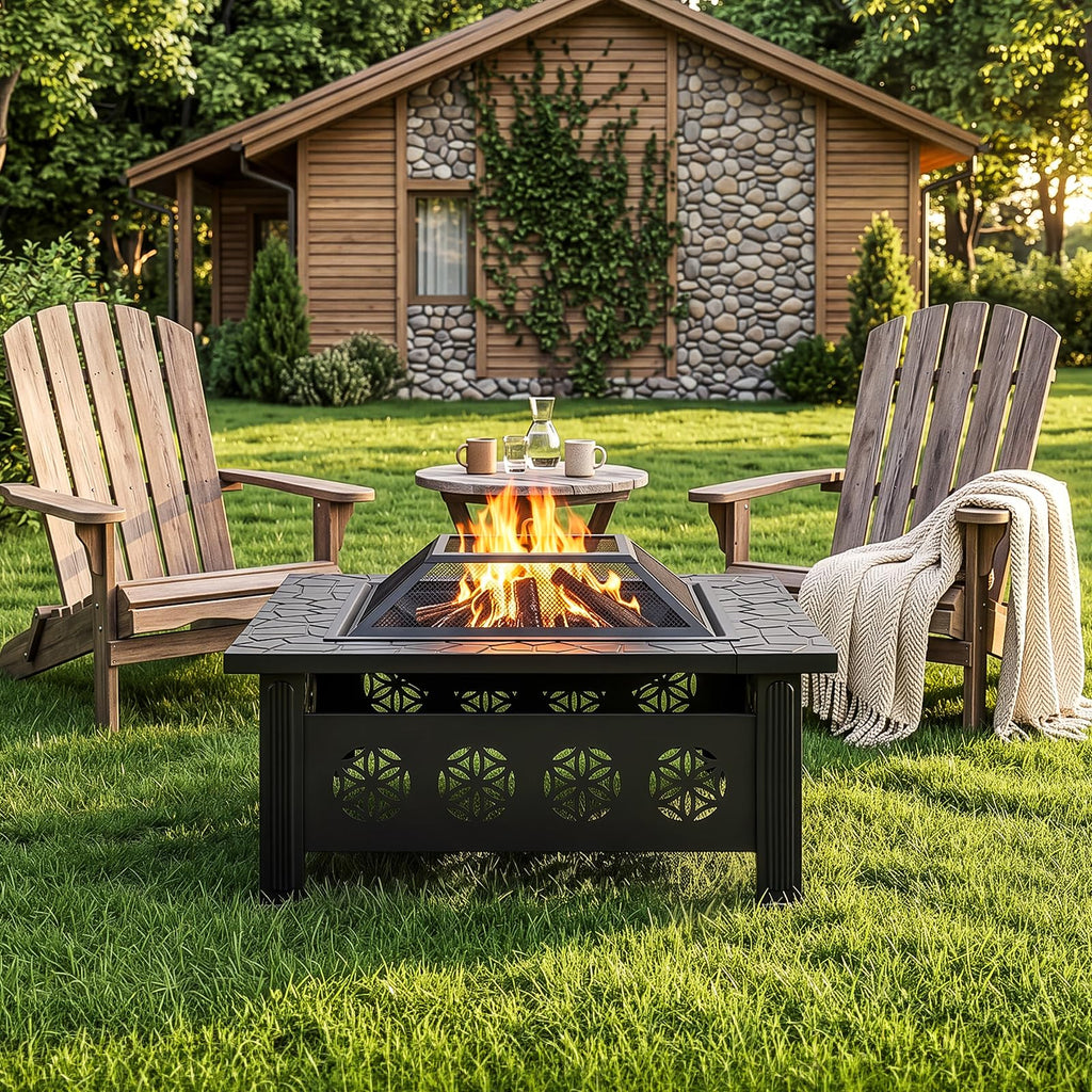 32 Inch Square Wood Burning Fire Pit Table with Spark Screen Lid and Fire Poker, Black J8070