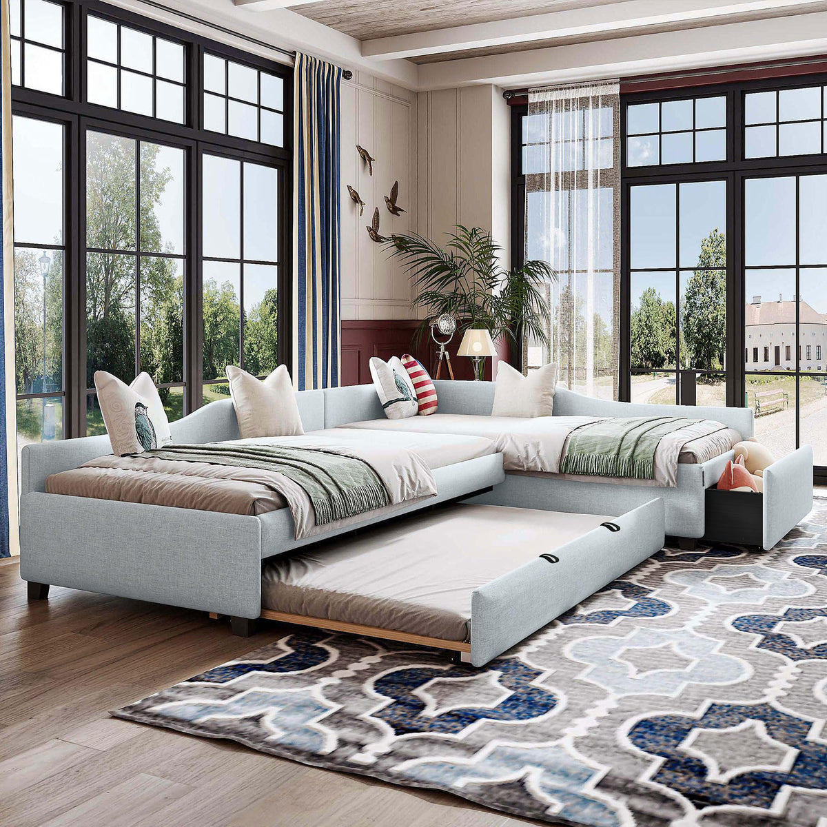 Double Twin Size L Shaped Upholstered Daybed with Trundle and Storage Drawer M917