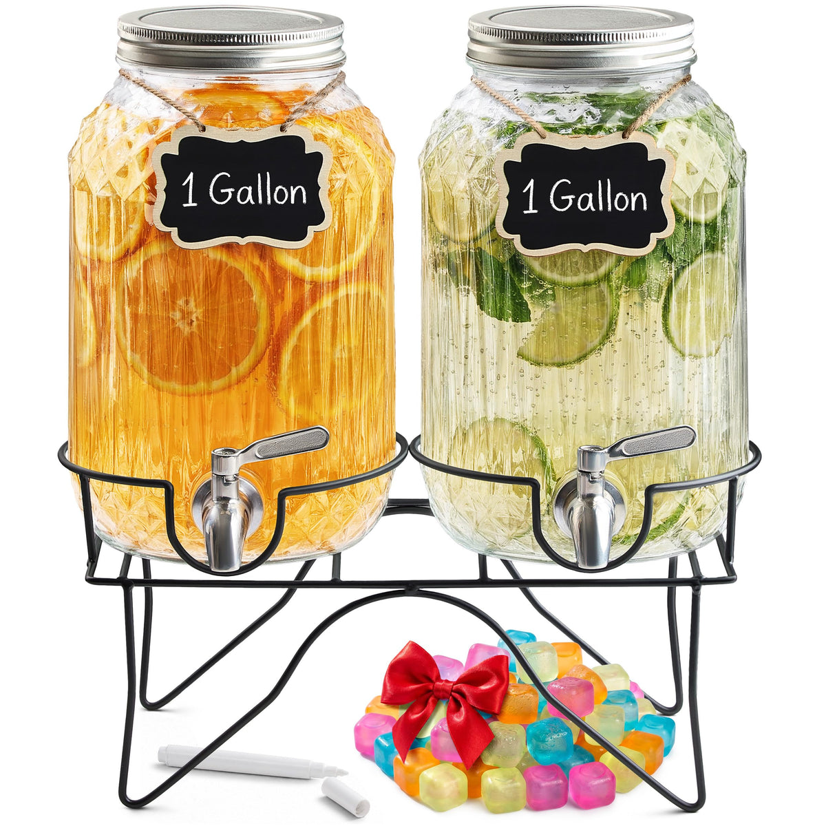 2 Gallon Glass Drink Dispensers with Stand, 2 Pack B9867