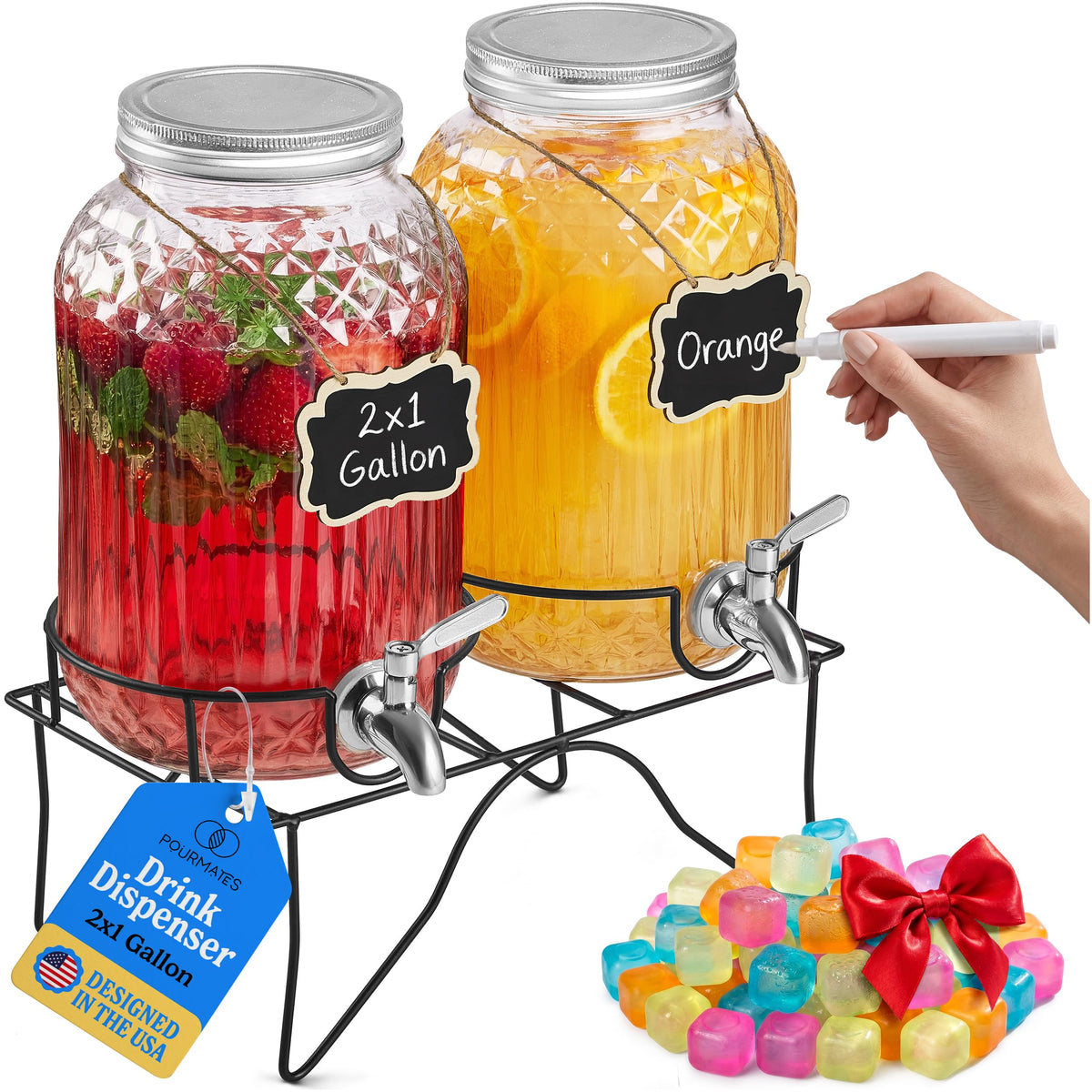 2 Gallon Glass Drink Dispensers with Stand, 2 Pack B9867