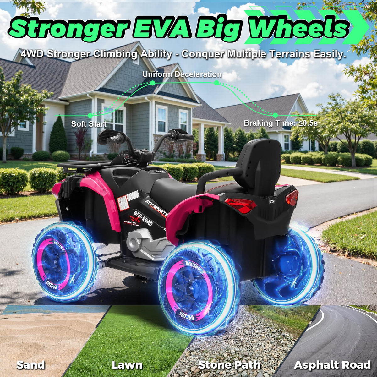 24V Kids ATV Four Wheeler with EVA Tires, 2 Seater, 800W Motors, Remote Control, Pink B419679