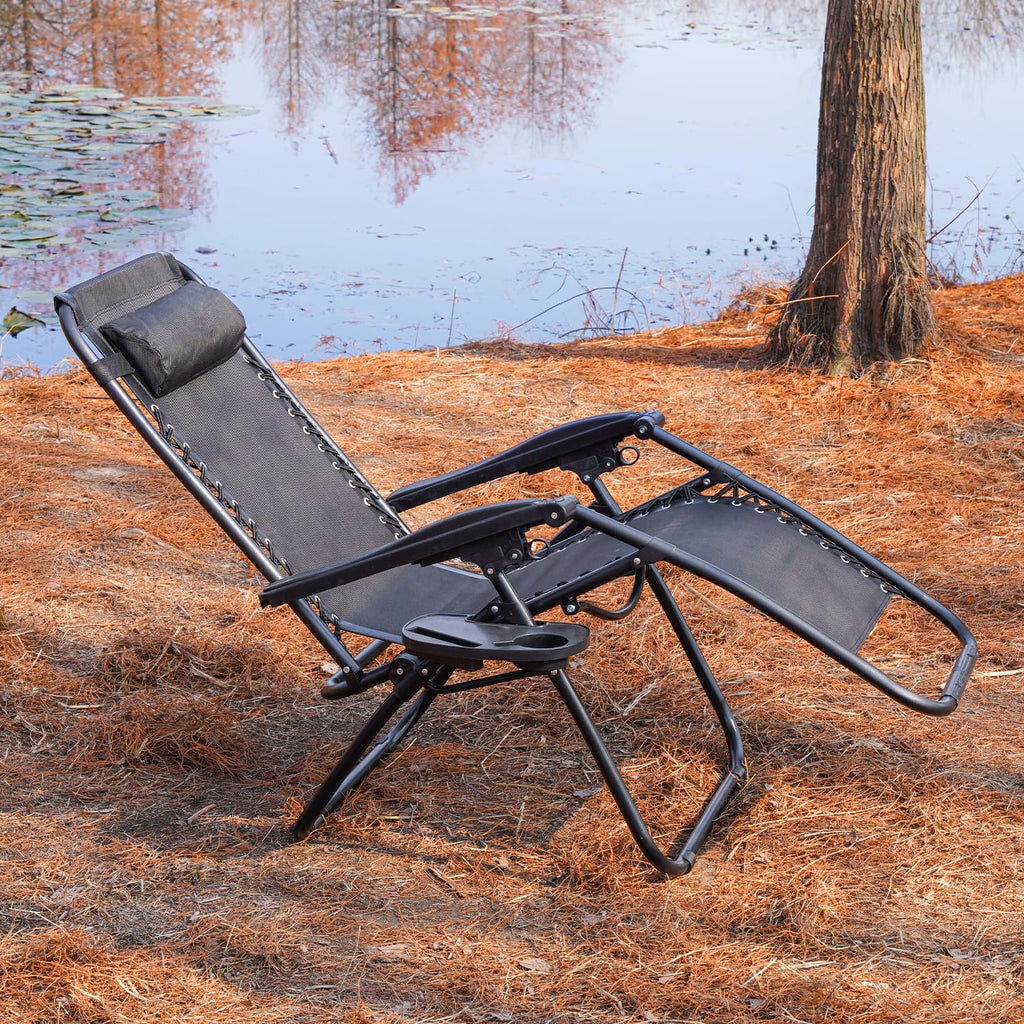 Black Adjustable Steel Mesh Zero Gravity Lounge Chair with Pillow and Cup Holder W7226