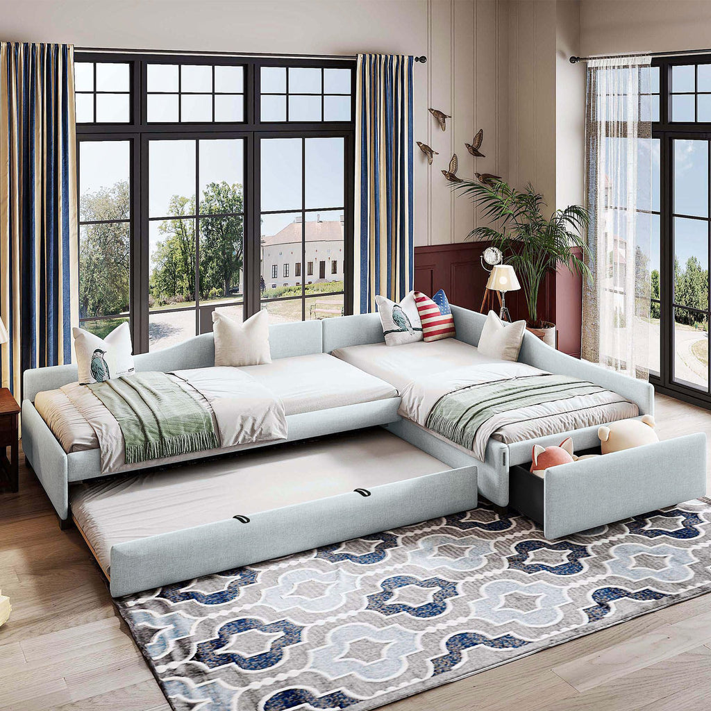 Double Twin Size L Shaped Upholstered Daybed with Trundle and Storage Drawer M917