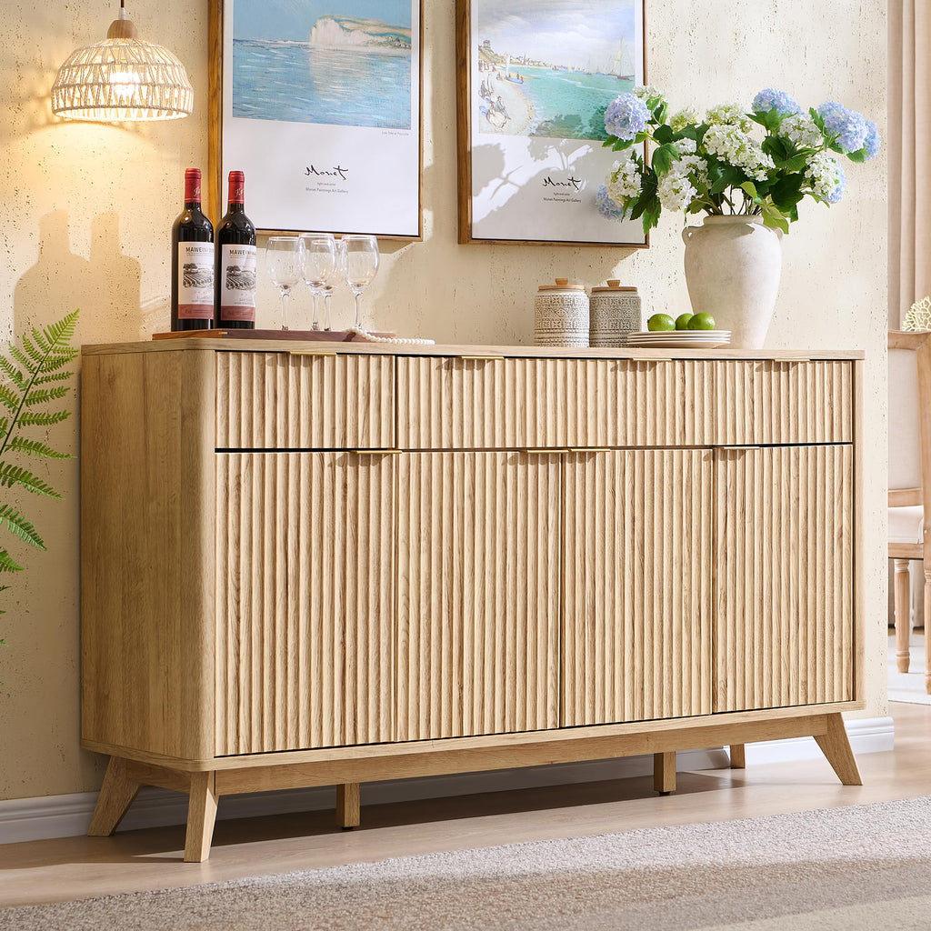 60" Natural Oak Storage Sideboard Cabinet with Drawers O40737