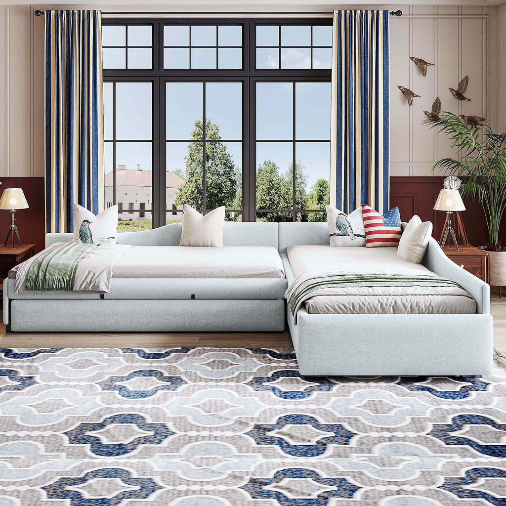 Double Twin Size L Shaped Upholstered Daybed with Trundle and Storage Drawer M917